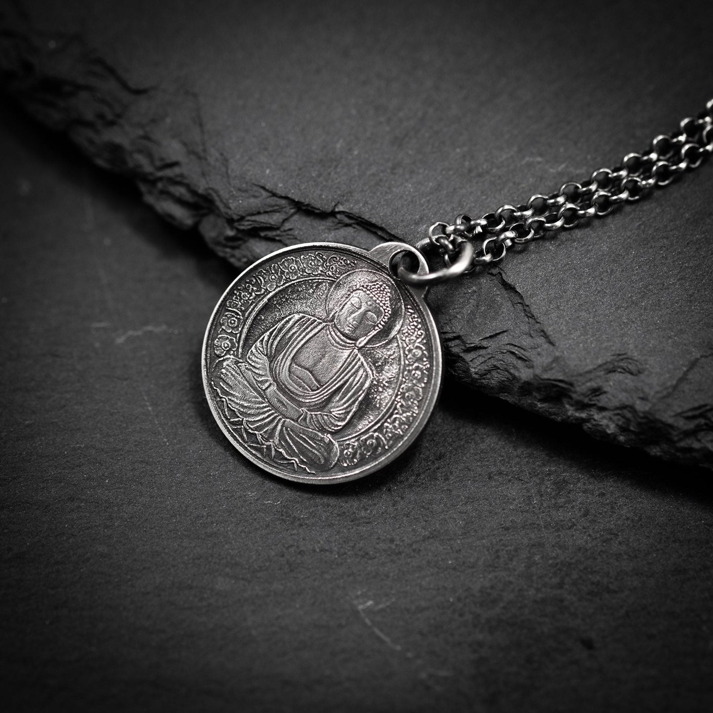 Silver Buddha coin pendant necklace, Buddhist yoga handmade spiritual jewelry, Mindfulness gift for him, mens necklace, Anxiety relief