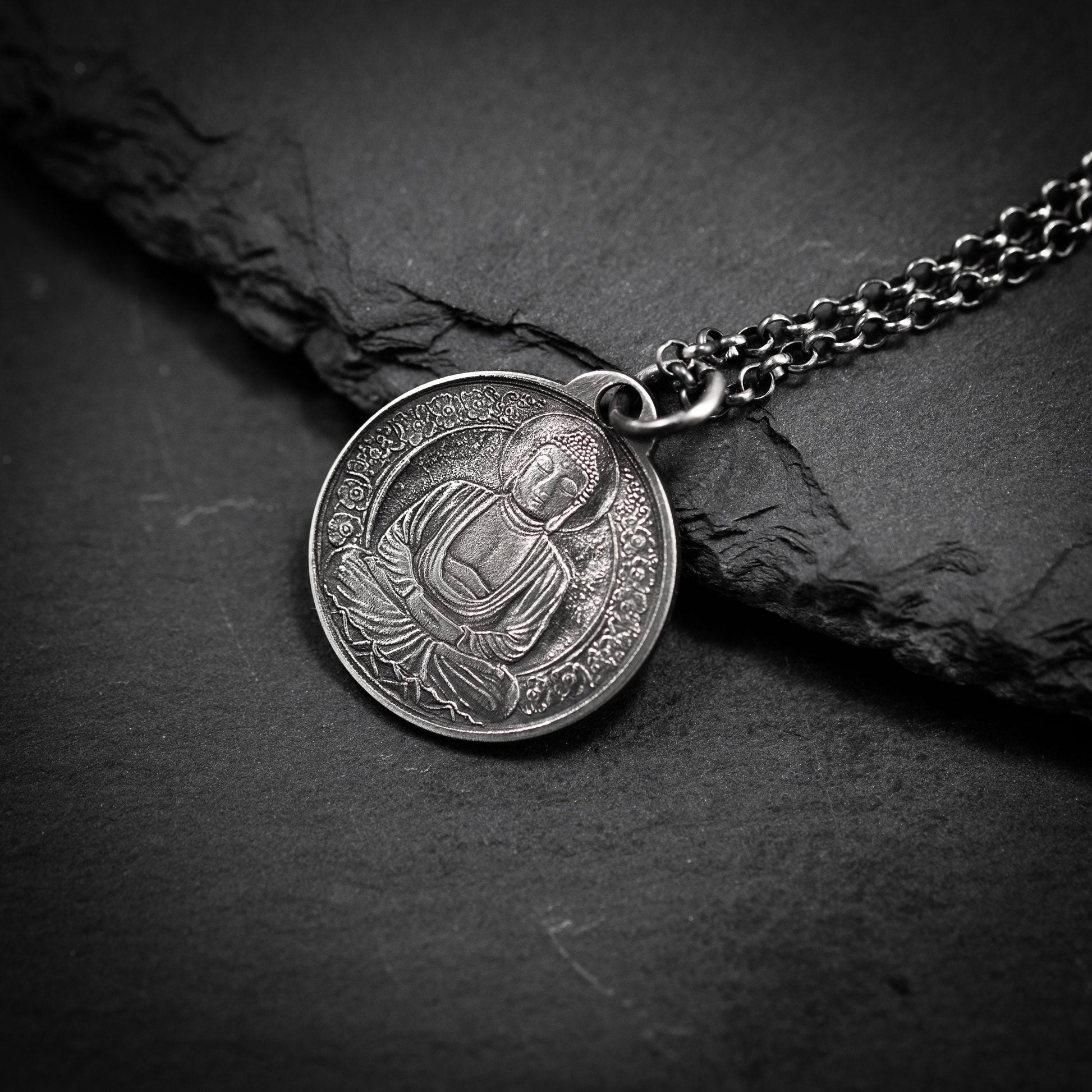 Silver Buddha coin pendant necklace, Buddhist yoga handmade spiritual jewelry, Mindfulness gift for him, mens necklace, Anxiety relief