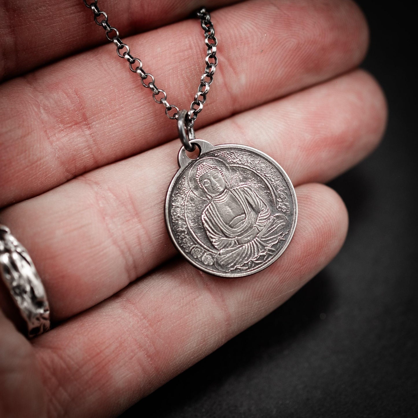 Silver Buddha coin pendant necklace, Buddhist yoga handmade spiritual jewelry, Mindfulness gift for him, mens necklace, Anxiety relief