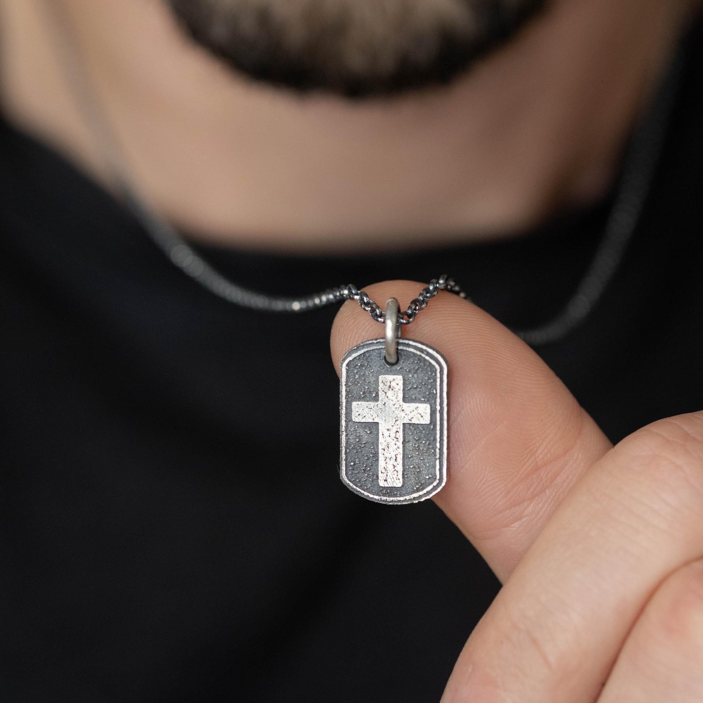 Sterling Silver Cross Dog Tag Necklace – Rustic Oxidized Christian Pendant for Men, Christmas gifts