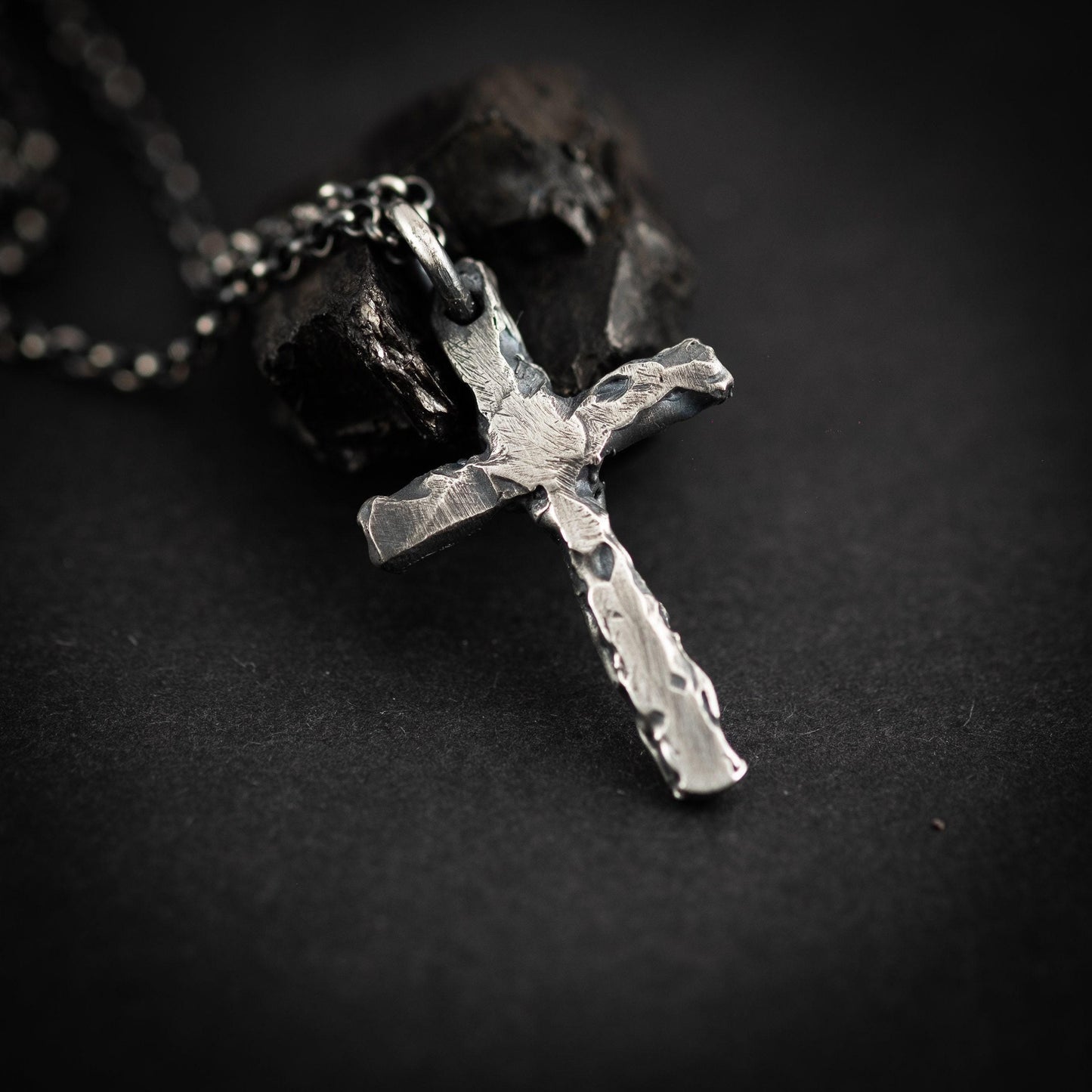 Sterling Silver Cross Necklace - Rustic Oxidized Finish for Men