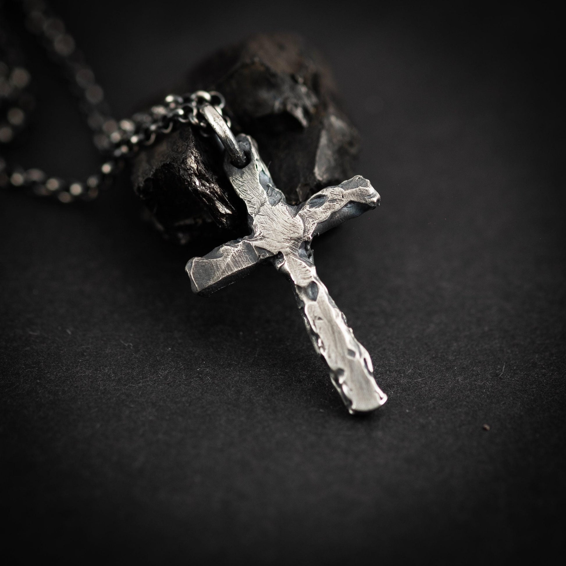 Sterling Silver Cross Necklace - Rustic Oxidized Finish for Men