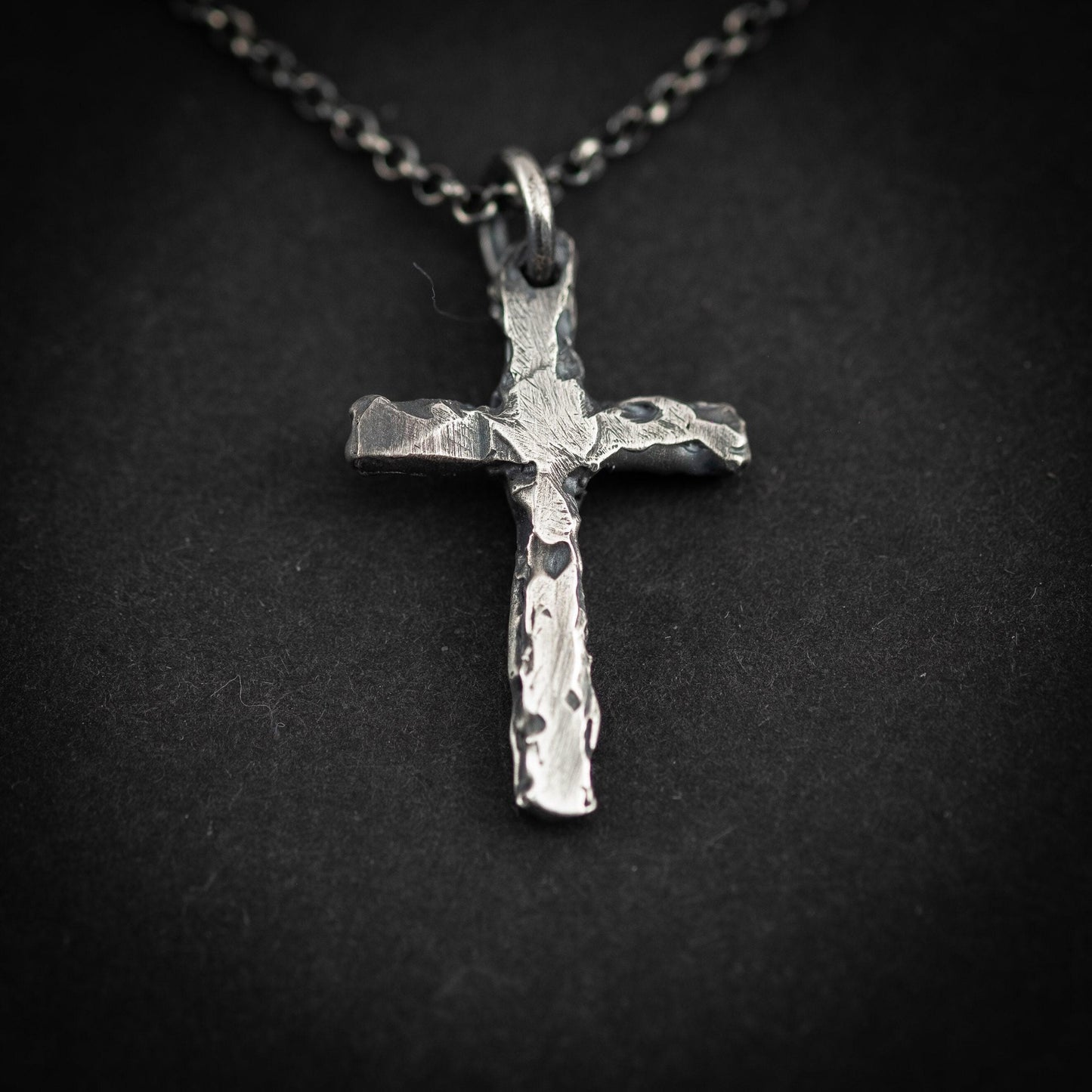 Sterling Silver Cross Necklace - Rustic Oxidized Finish for Men