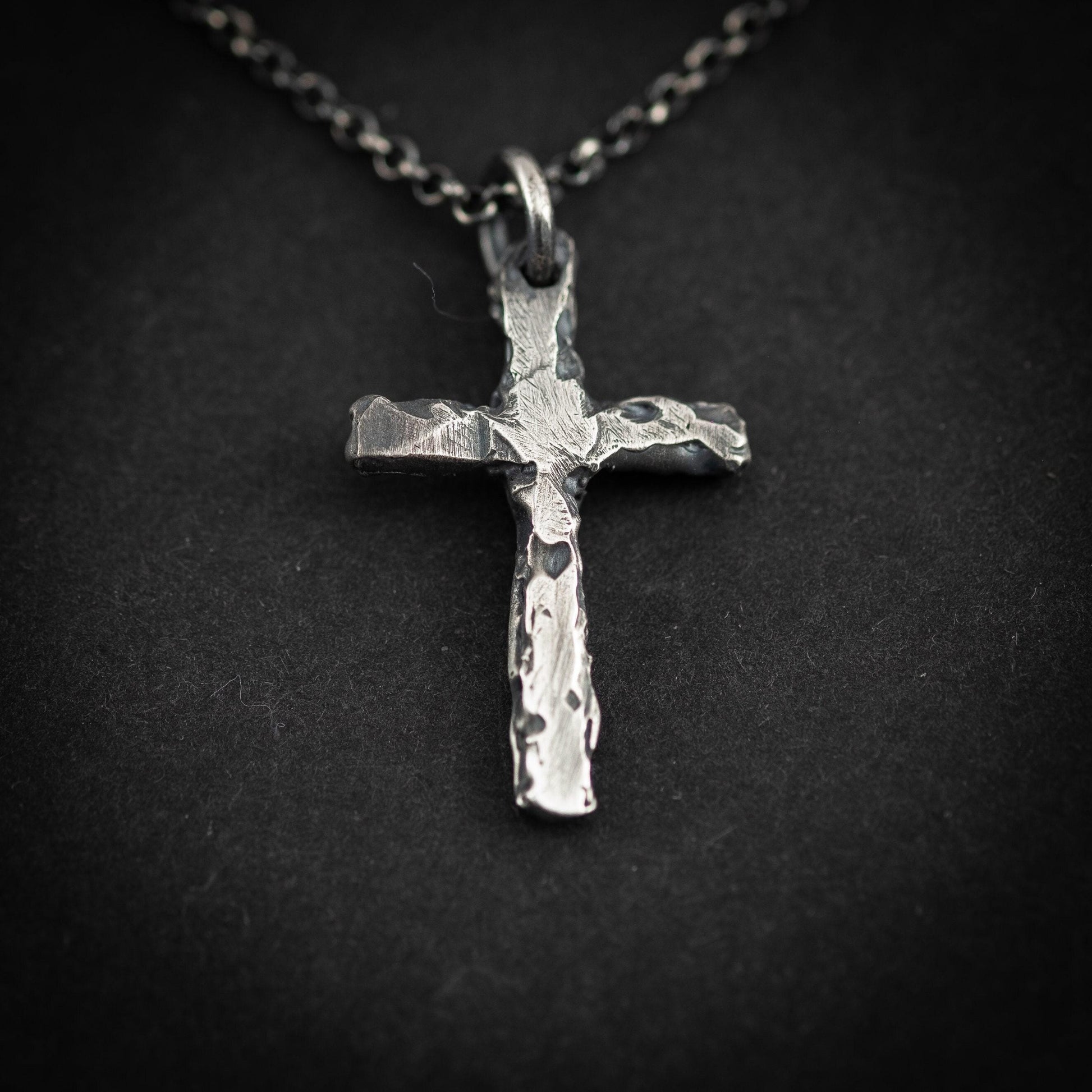 Sterling Silver Cross Necklace - Rustic Oxidized Finish for Men