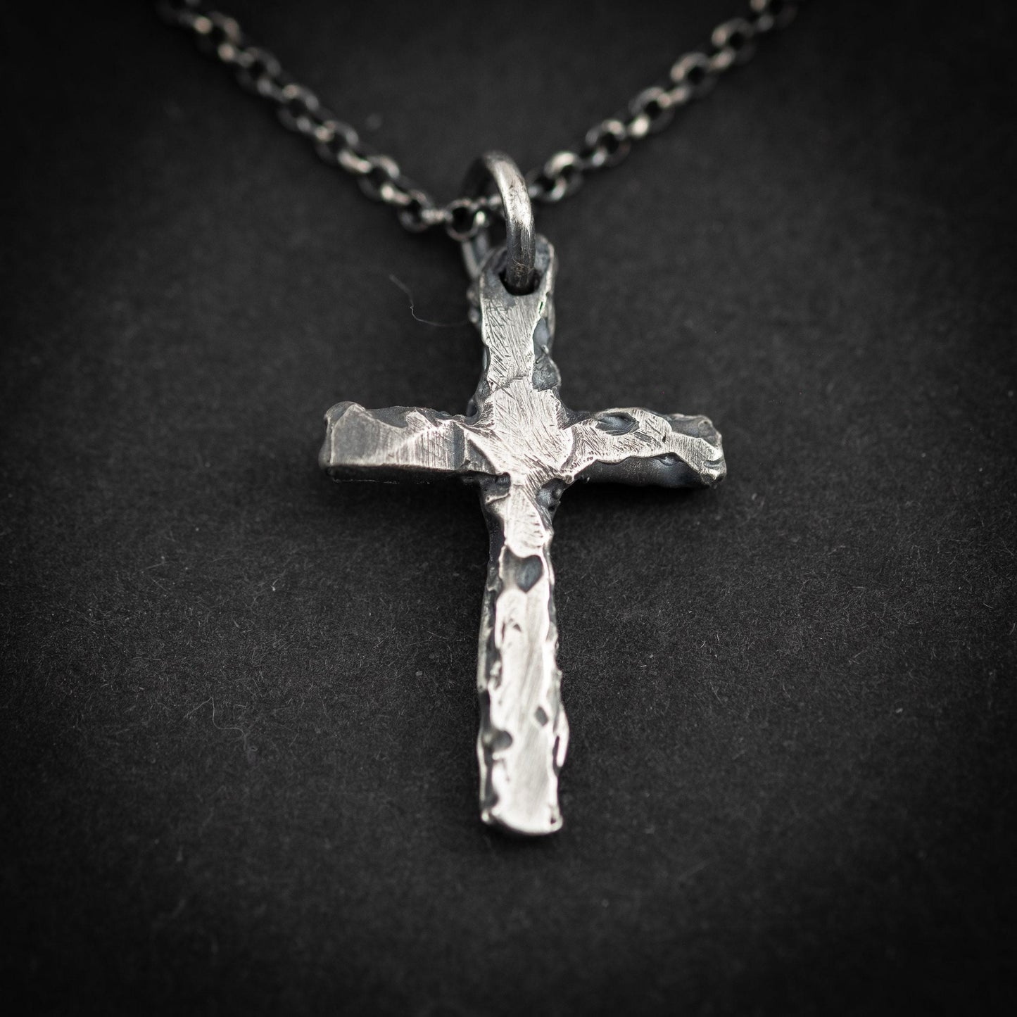 Sterling Silver Cross Necklace - Rustic Oxidized Finish for Men
