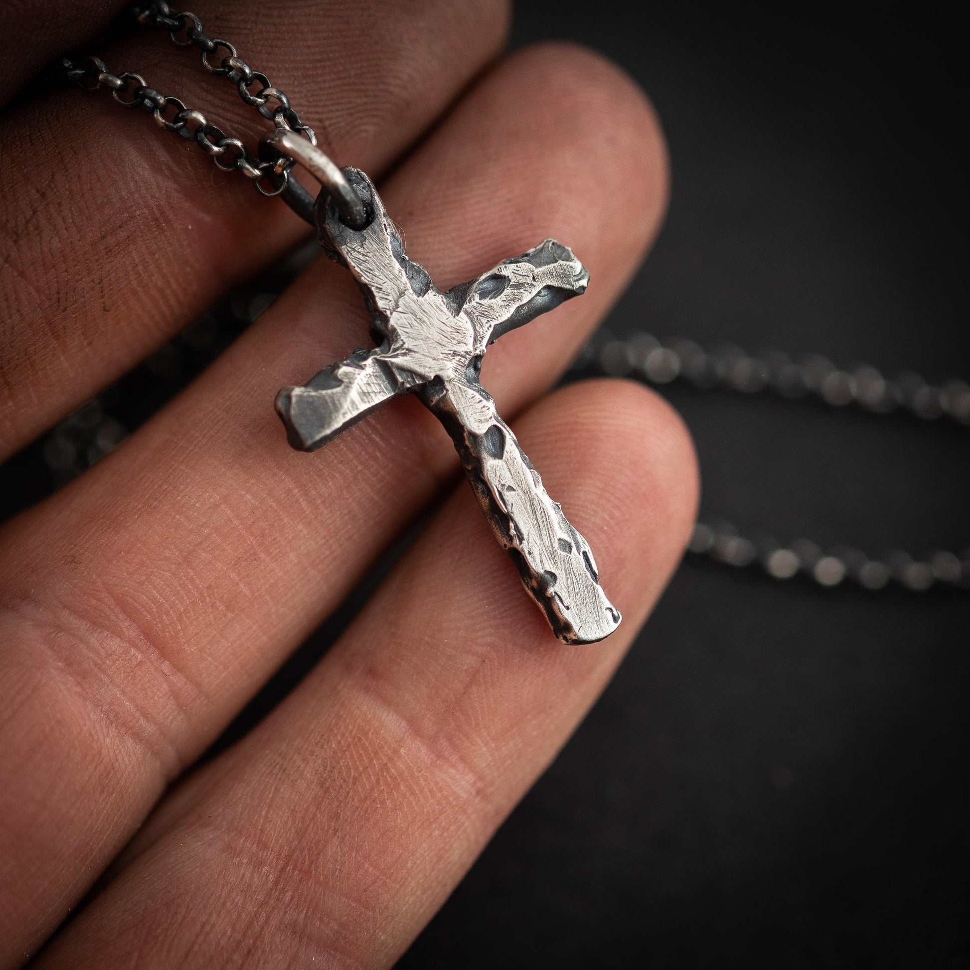 Sterling Silver Cross Necklace - Rustic Oxidized Finish for Men