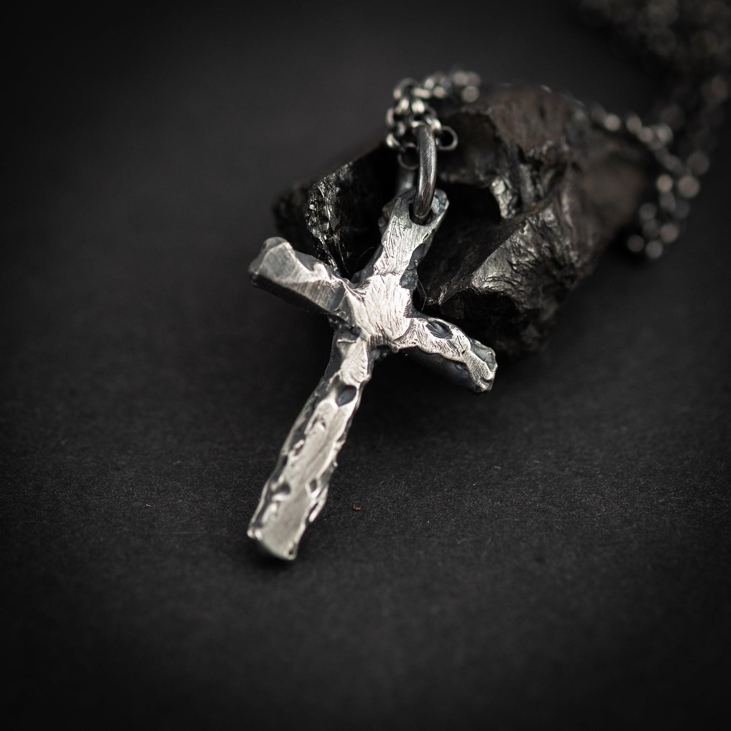 Sterling Silver Cross Necklace - Rustic Oxidized Finish for Men