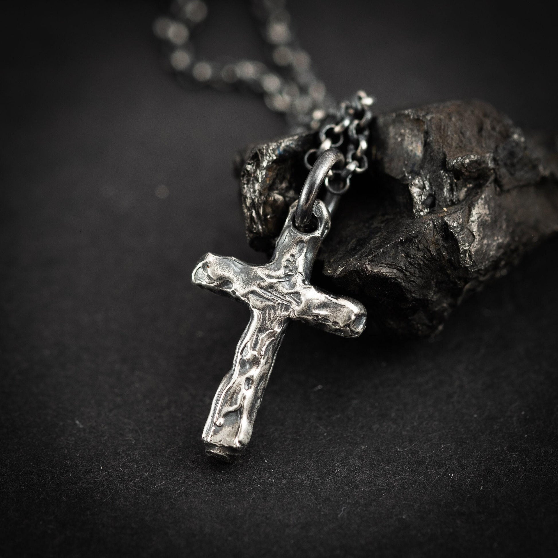 Rustic Silver Cross Necklace - Handmade Christian Strength Pendant