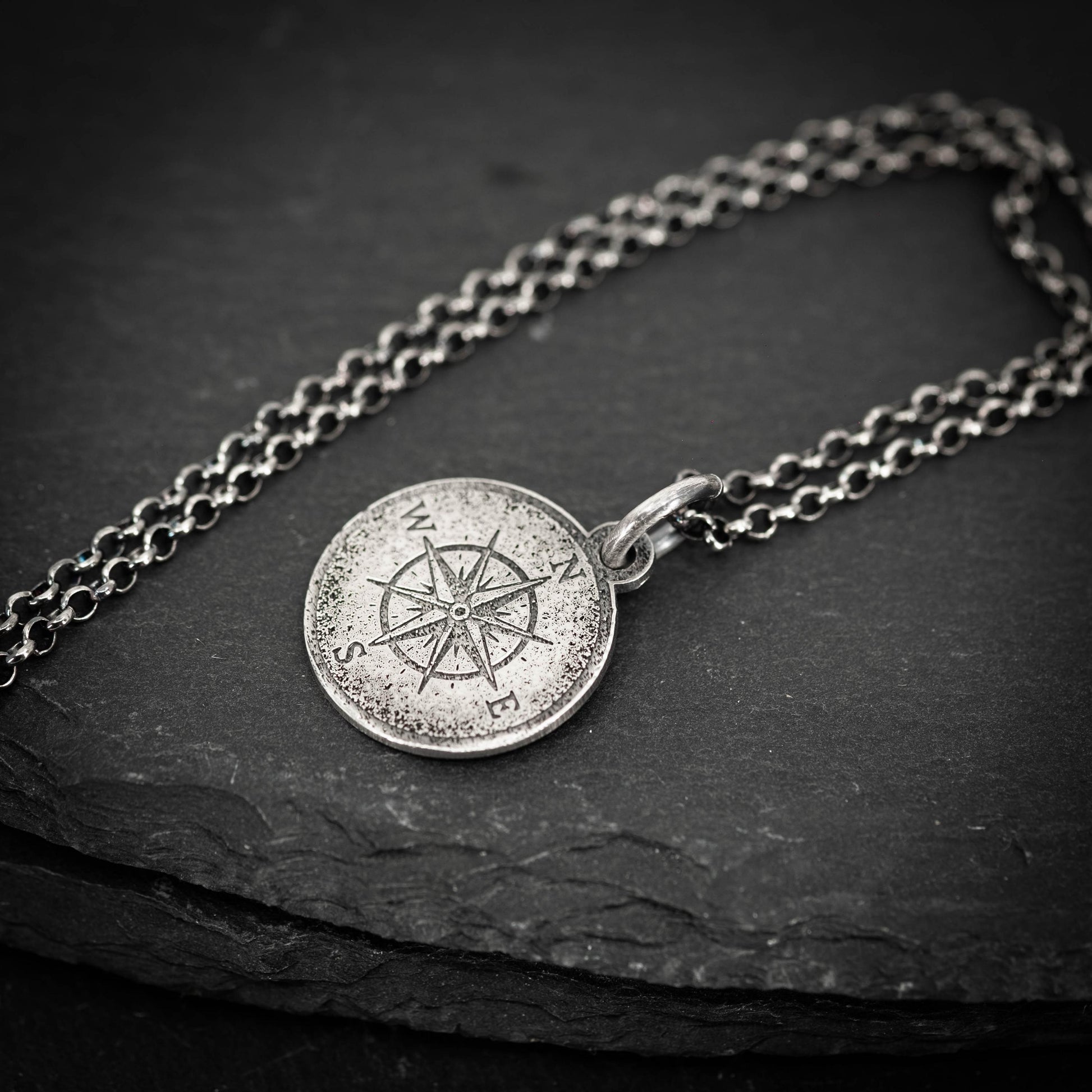Compass Silver necklace for Men, Rustic Travel Pendant, Nautical Adventure Gift