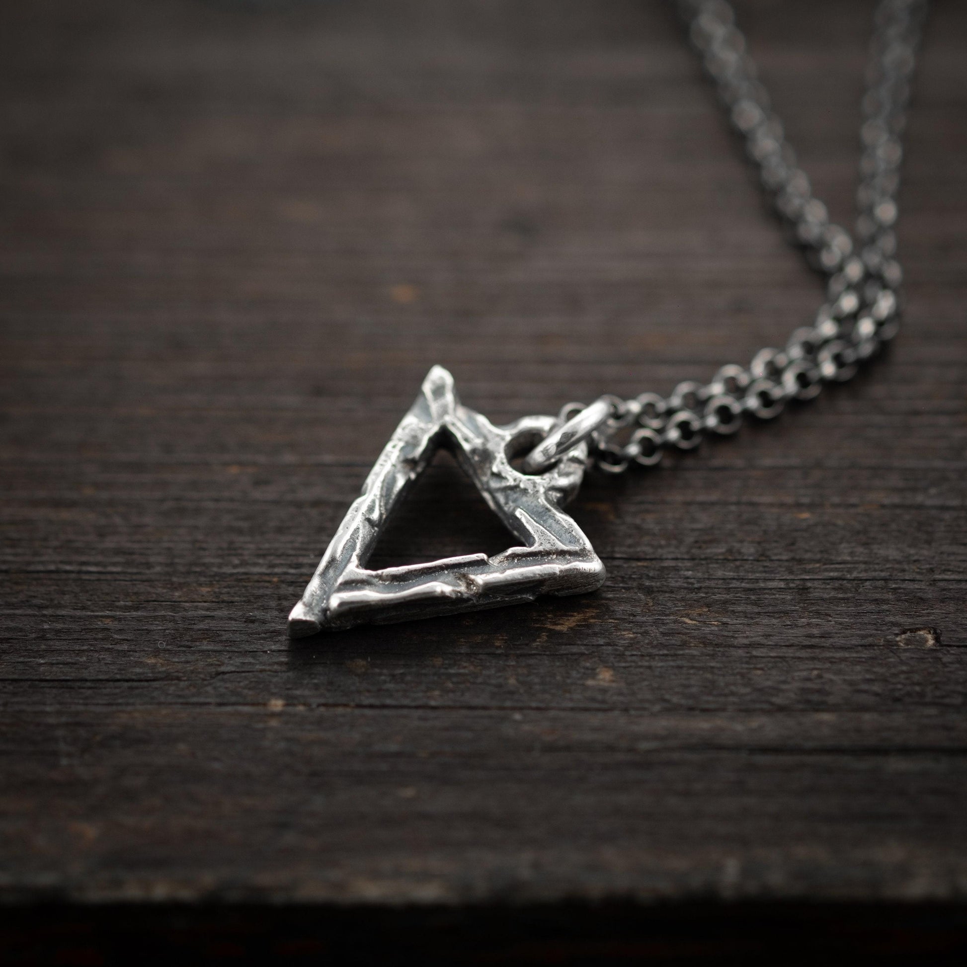 Silver Necklace Triangle Pendant, Brutalist Oxidized Rustic Look (Unisex, Handmade Sterling 925, Adjustable Chains)