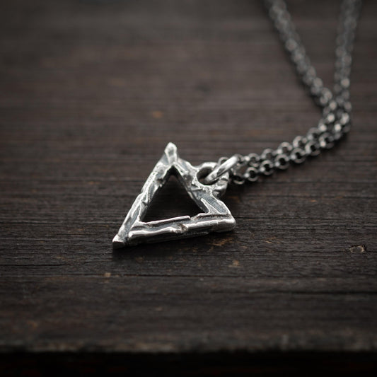 Silver Necklace Triangle Pendant, Brutalist Oxidized Rustic Look (Unisex, Handmade Sterling 925, Adjustable Chains)