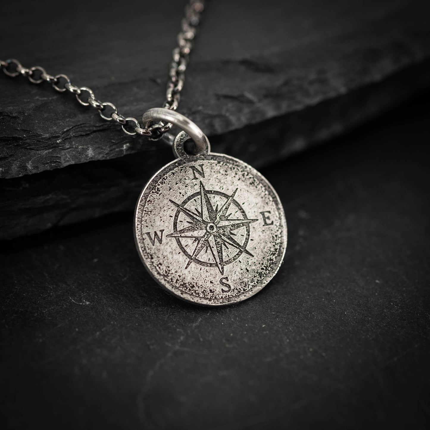 Compass Silver necklace for Men, Rustic Travel Pendant, Nautical Adventure Gift