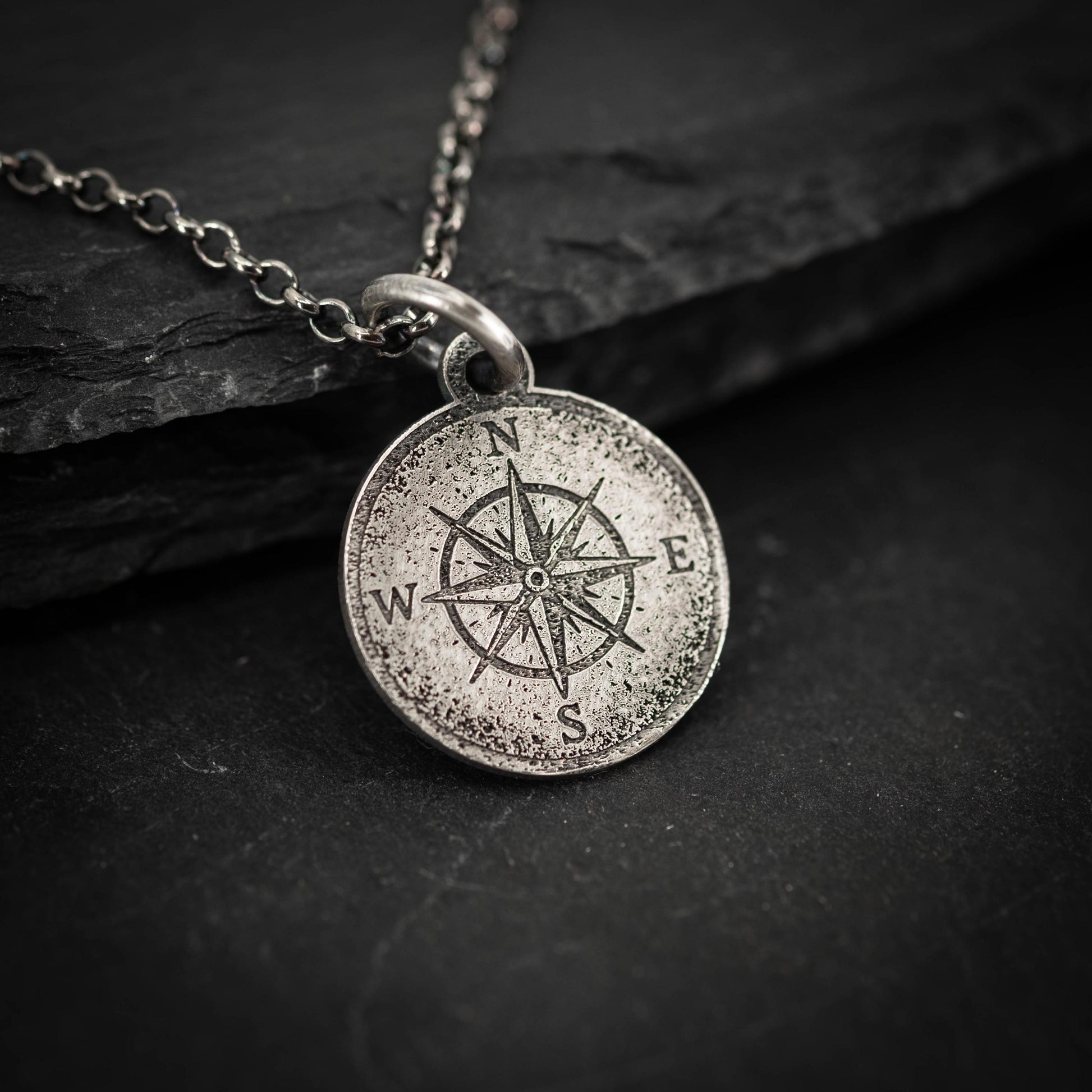 Compass Silver necklace for Men, Rustic Travel Pendant, Nautical Adventure Gift