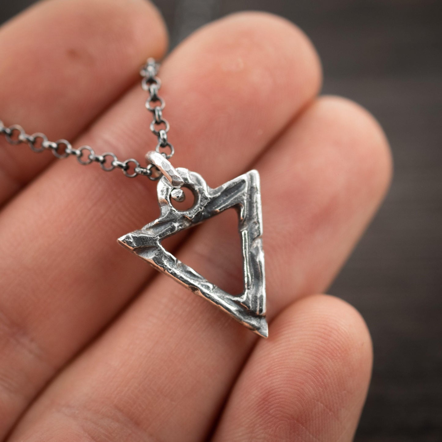 Silver Necklace Triangle Pendant, Brutalist Oxidized Rustic Look (Unisex, Handmade Sterling 925, Adjustable Chains)