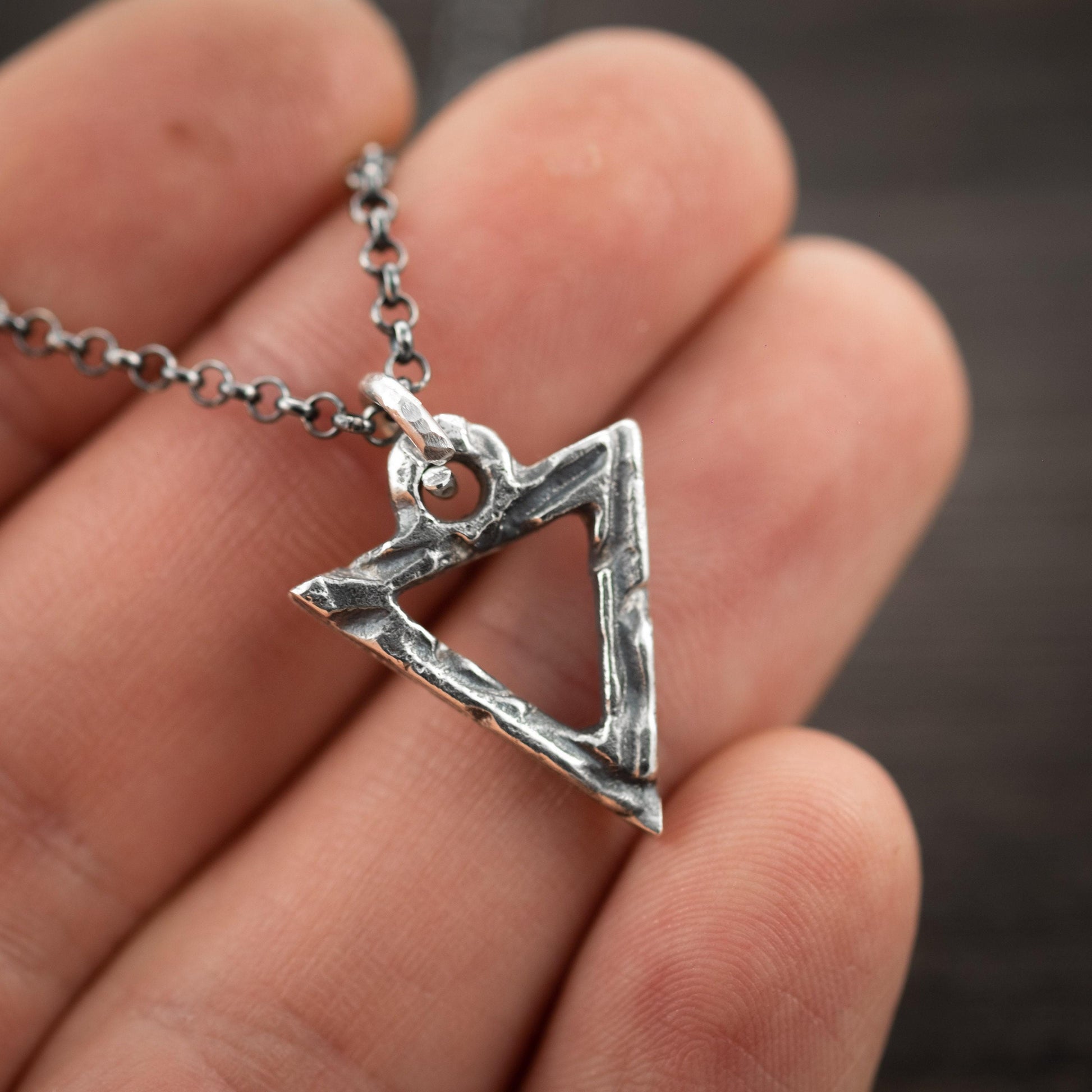 Silver Necklace Triangle Pendant, Brutalist Oxidized Rustic Look (Unisex, Handmade Sterling 925, Adjustable Chains)