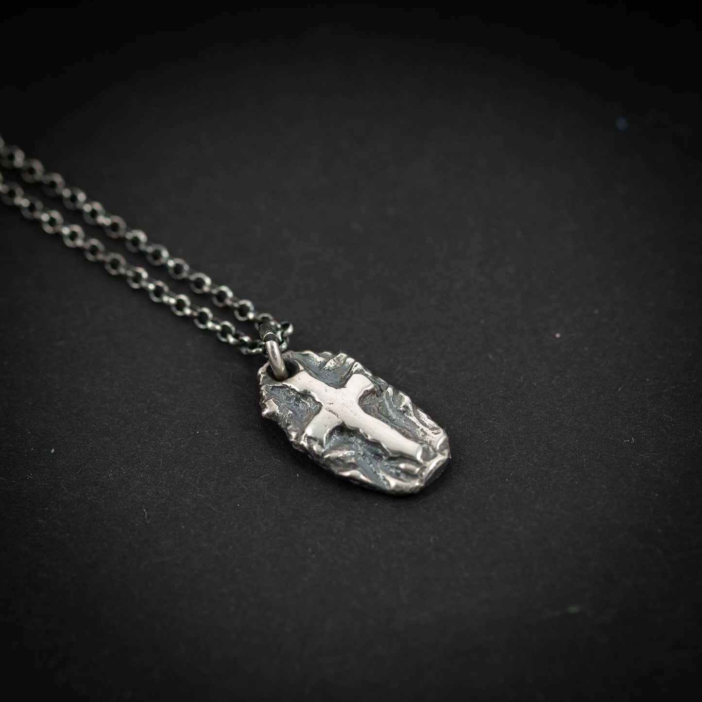 Cross Necklace Handmade Pendant, Rustic Oxidized Silver (Sterling 925, Unisex, Anxiety Relief Amulet)