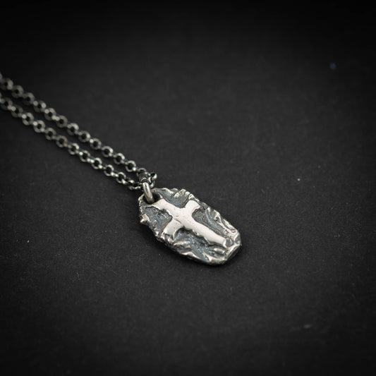 Cross Necklace Handmade Pendant, Rustic Oxidized Silver (Sterling 925, Unisex, Anxiety Relief Amulet)