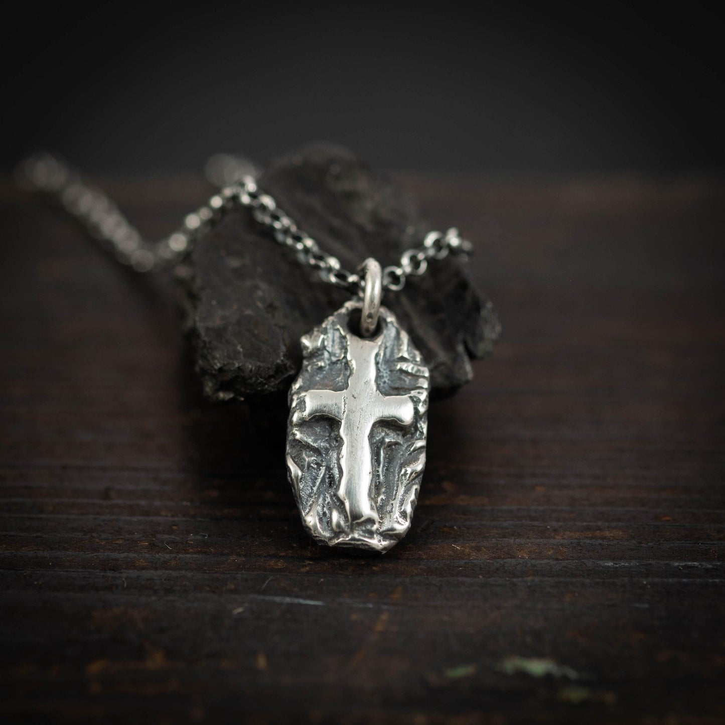 Cross Necklace Handmade Pendant, Rustic Oxidized Silver (Sterling 925, Unisex, Anxiety Relief Amulet)
