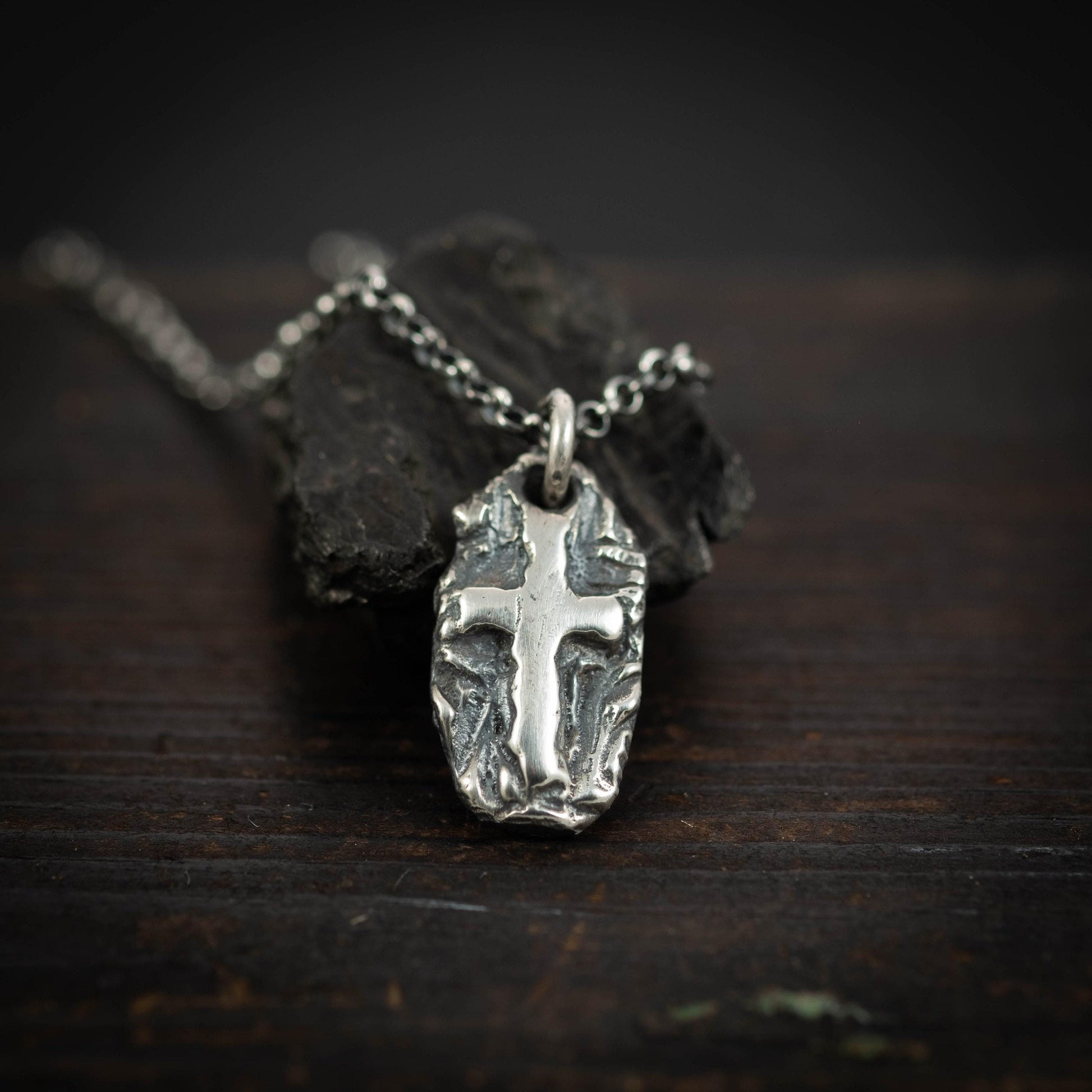 Cross Necklace Handmade Pendant, Rustic Oxidized Silver (Sterling 925, Unisex, Anxiety Relief Amulet)