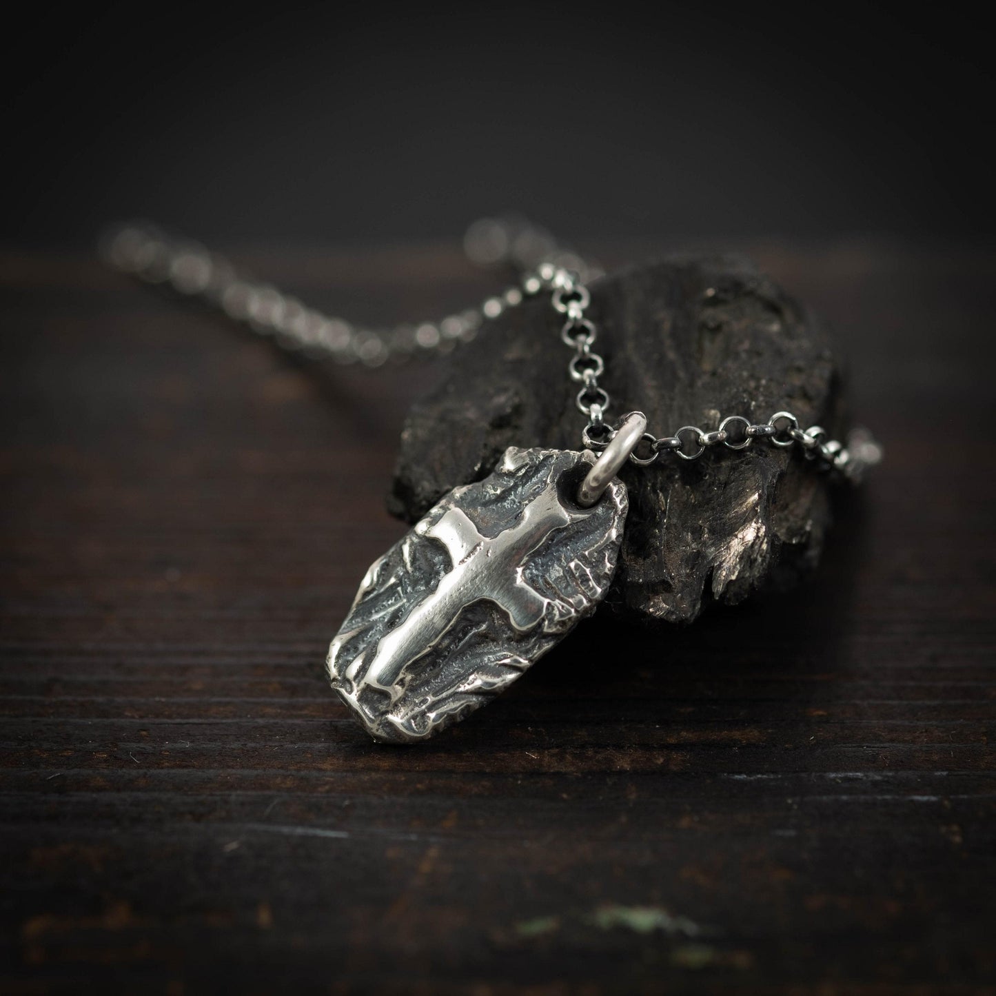 Cross Necklace Handmade Pendant, Rustic Oxidized Silver (Sterling 925, Unisex, Anxiety Relief Amulet)