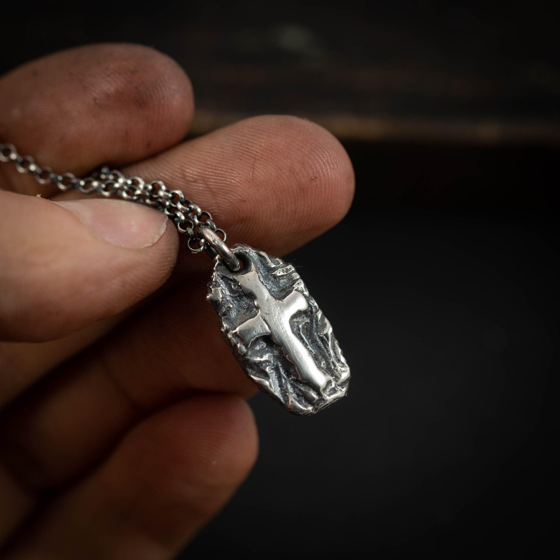 Cross Necklace Handmade Pendant, Rustic Oxidized Silver (Sterling 925, Unisex, Anxiety Relief Amulet)