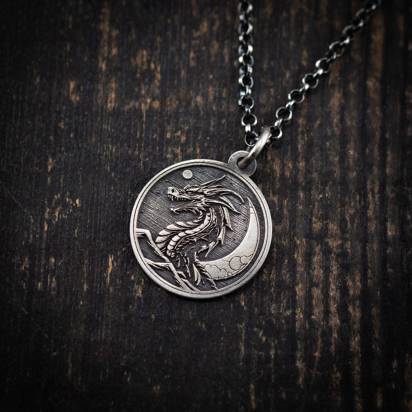 Rustic Silver Dragon Pendant Necklace: Oxidized Handmade Jewelry