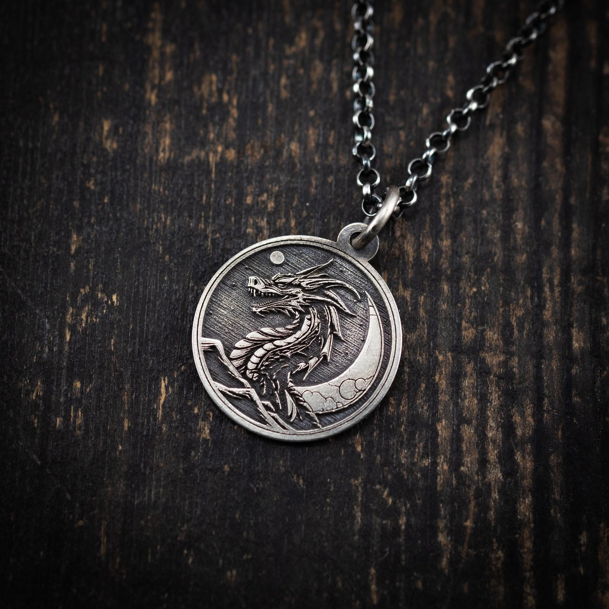 Rustic Silver Dragon Pendant Necklace: Oxidized Handmade Jewelry