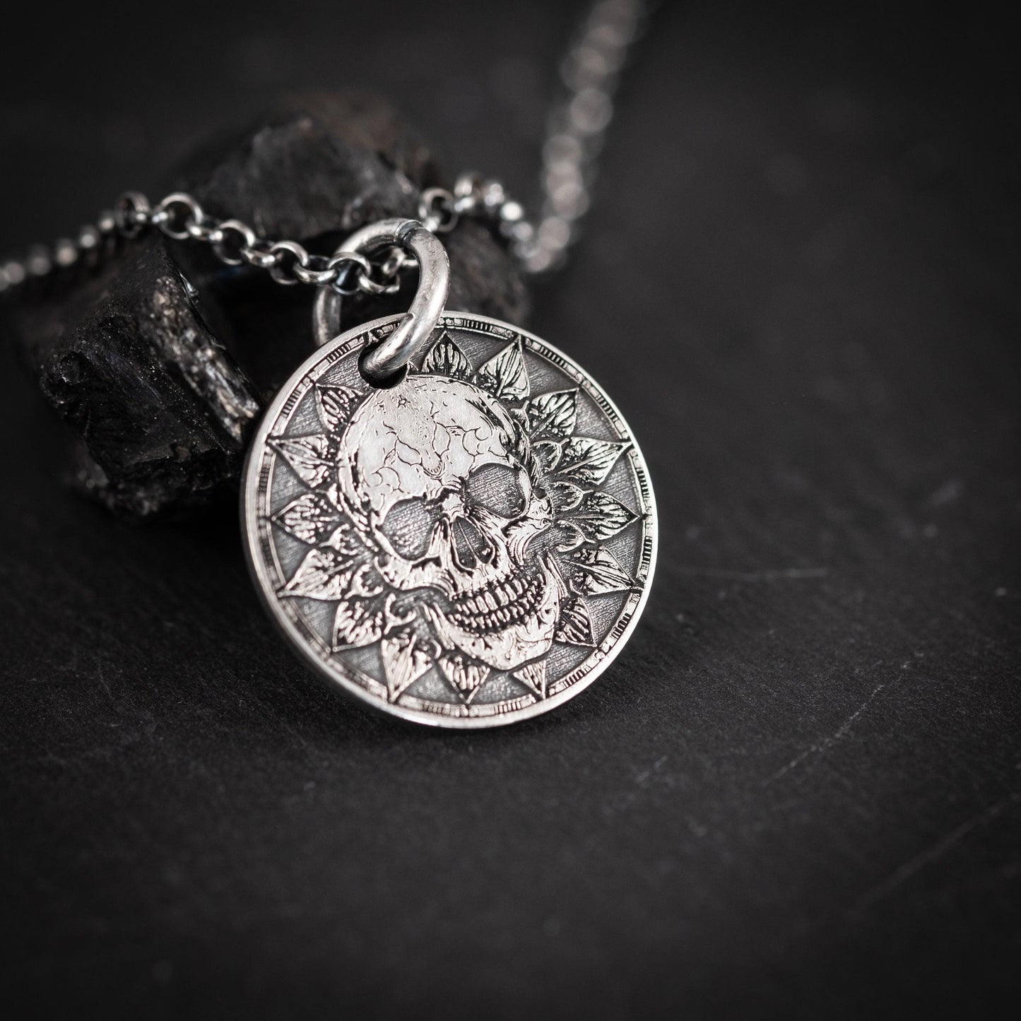 Memento Mori Silver Necklace, Skull Pendant (Engraved, Handmade)