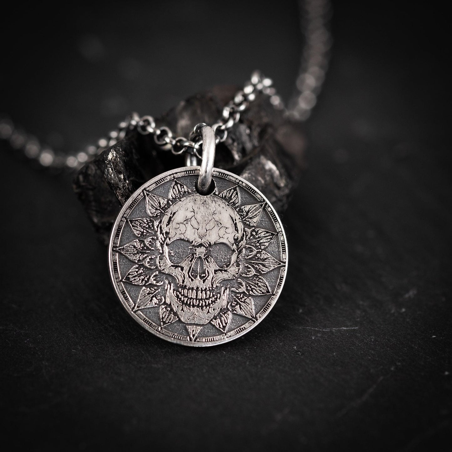 Memento Mori Silver Necklace, Skull Pendant (Engraved, Handmade)