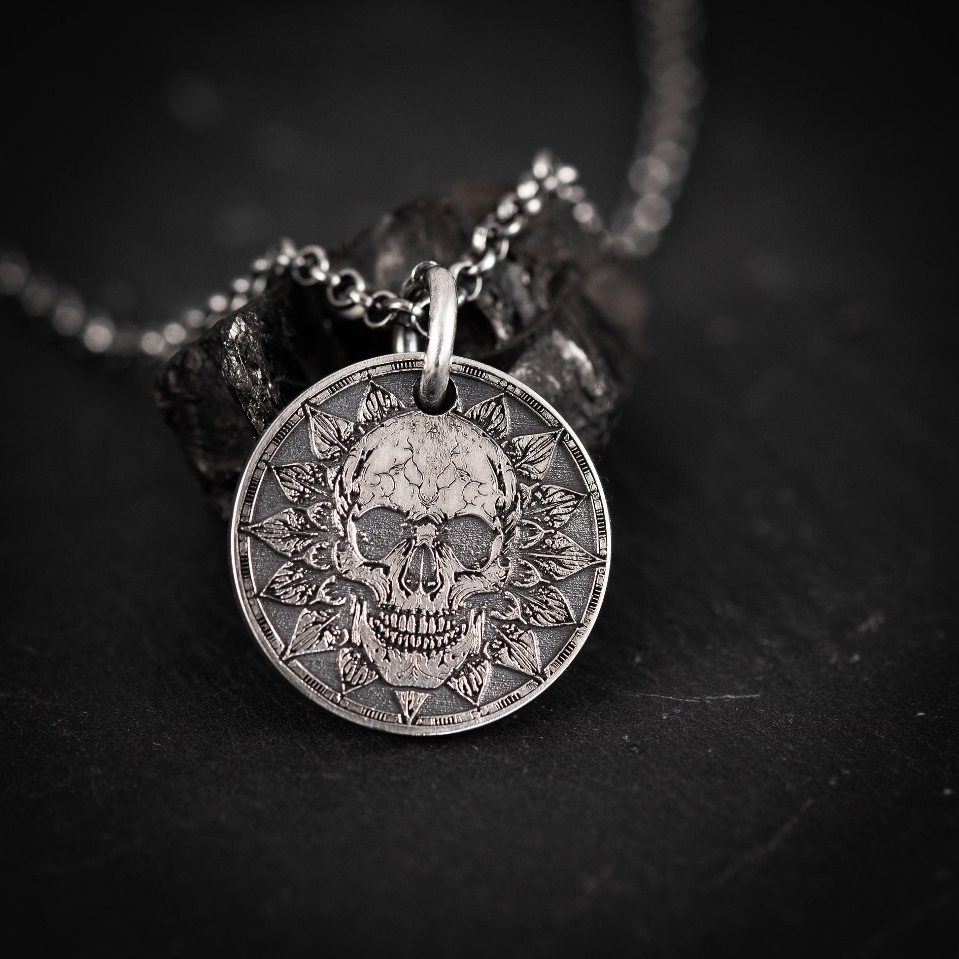 Memento Mori Silver Necklace, Skull Pendant (Engraved, Handmade)