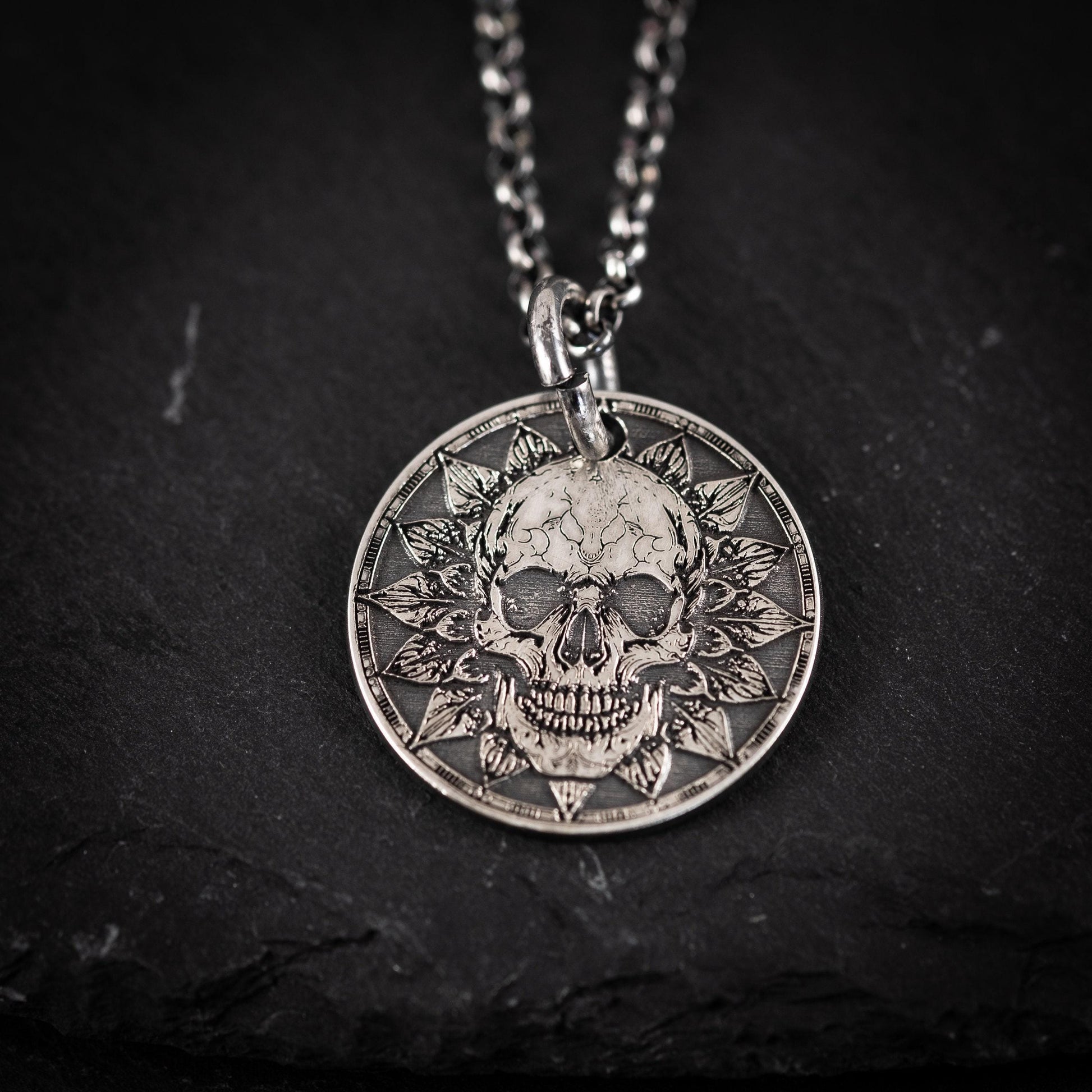 Memento Mori Silver Necklace, Skull Pendant (Engraved, Handmade)