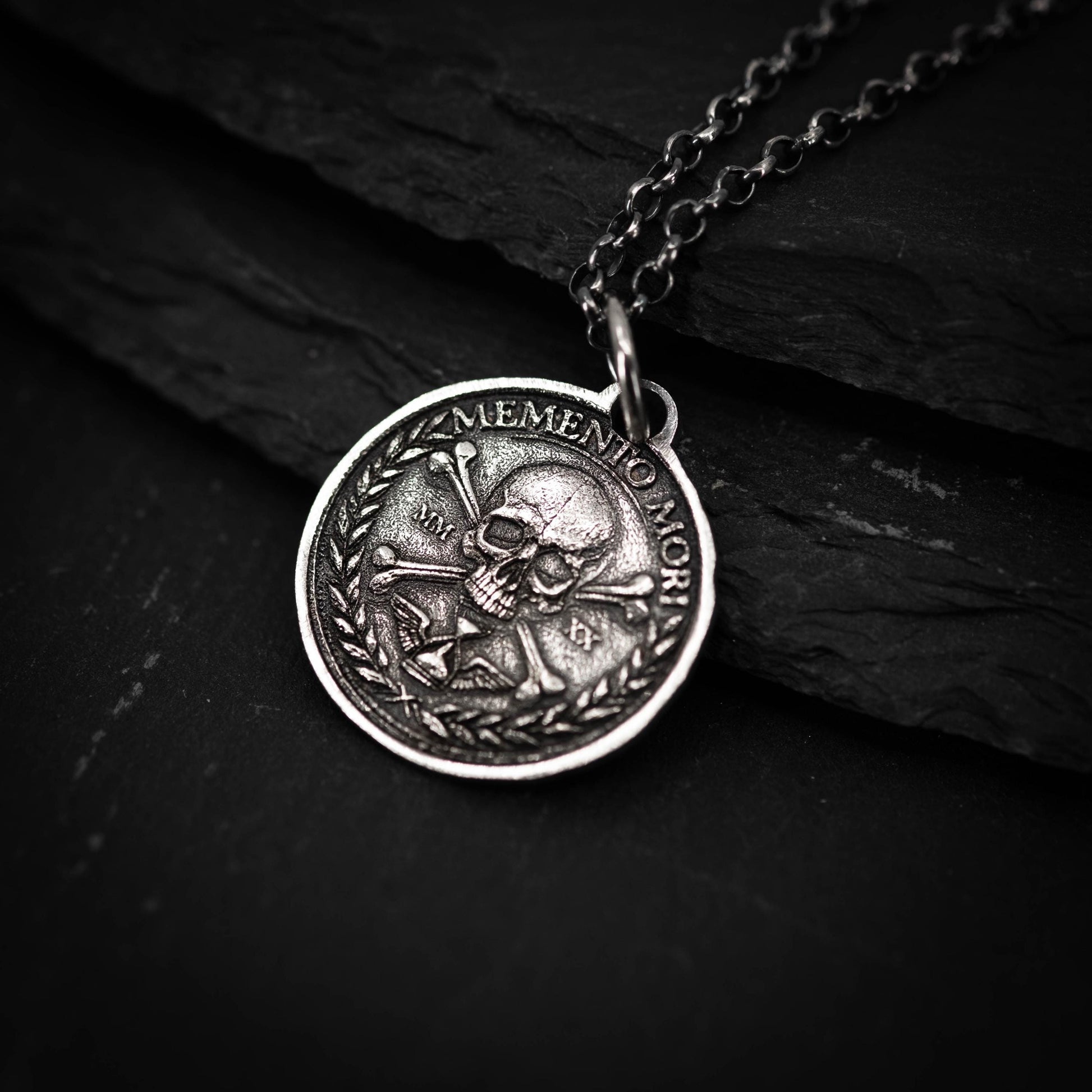 Silver Memento Mori Personalized Men's Skull Necklace, Rustic Handmade Best Friend Gift, Handmade Goth Oxidized Jewelry