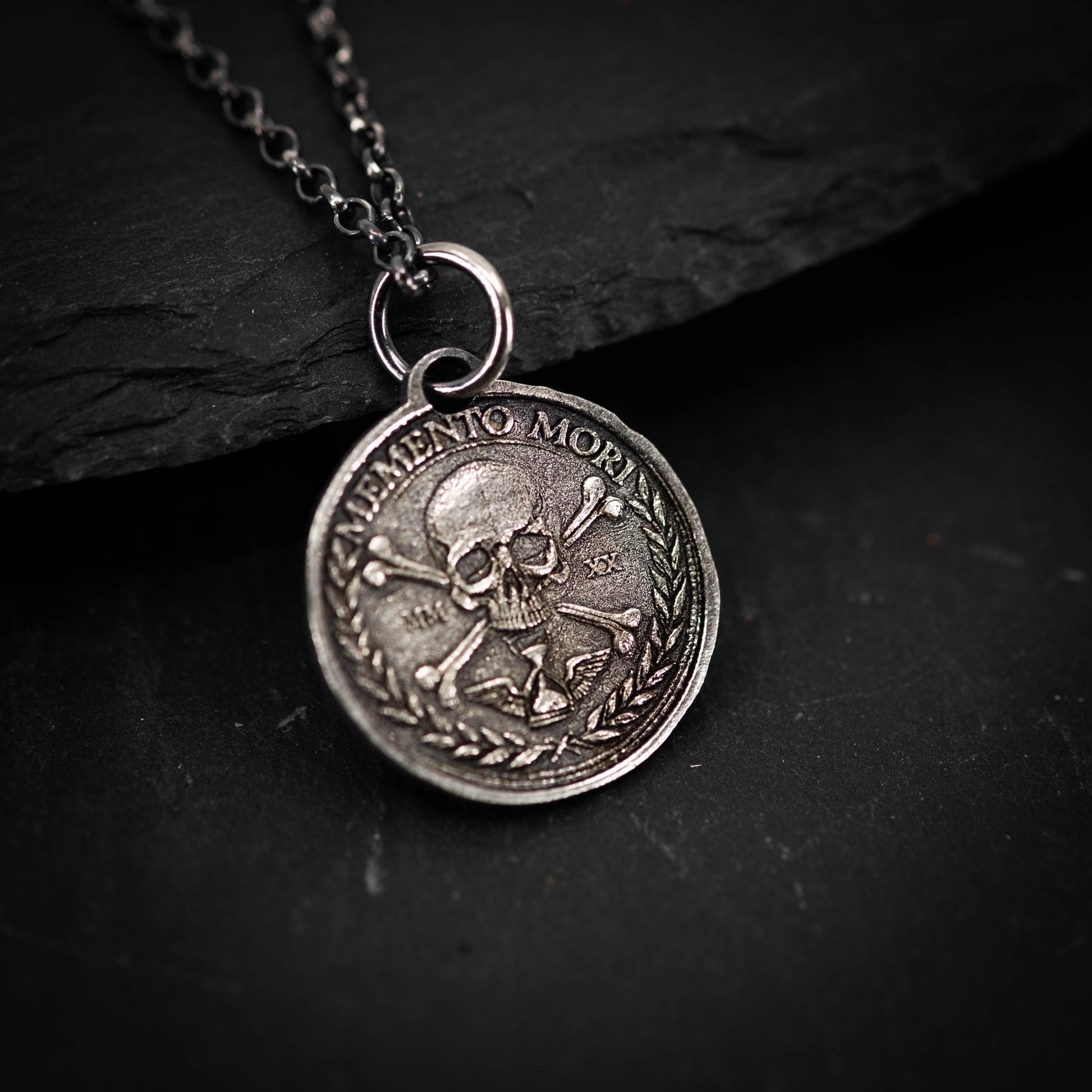 Silver Memento Mori Personalized Men's Skull Necklace, Rustic Handmade Best Friend Gift, Handmade Goth Oxidized Jewelry