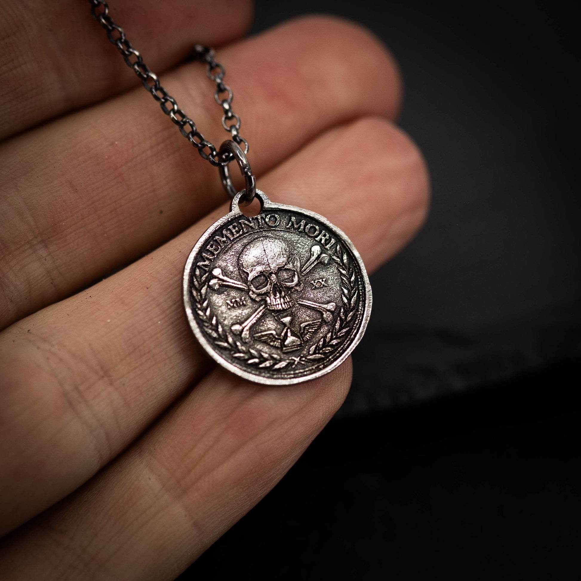 Silver Memento Mori Personalized Men's Skull Necklace, Rustic Handmade Best Friend Gift, Handmade Goth Oxidized Jewelry