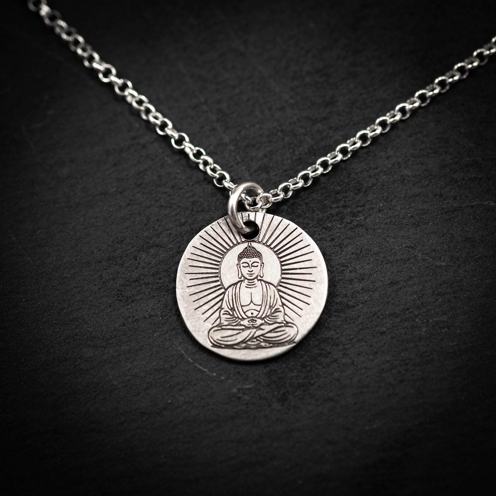 Silver Buddha Meditation Pendant Necklace, Handmade Buddhist Yoga Jewelry for Men, Spiritual Mindfulness Gift for Him