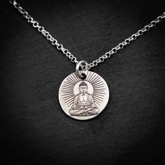 Silver Buddha Meditation Pendant Necklace, Handmade Buddhist Yoga Jewelry for Men, Spiritual Mindfulness Gift for Him