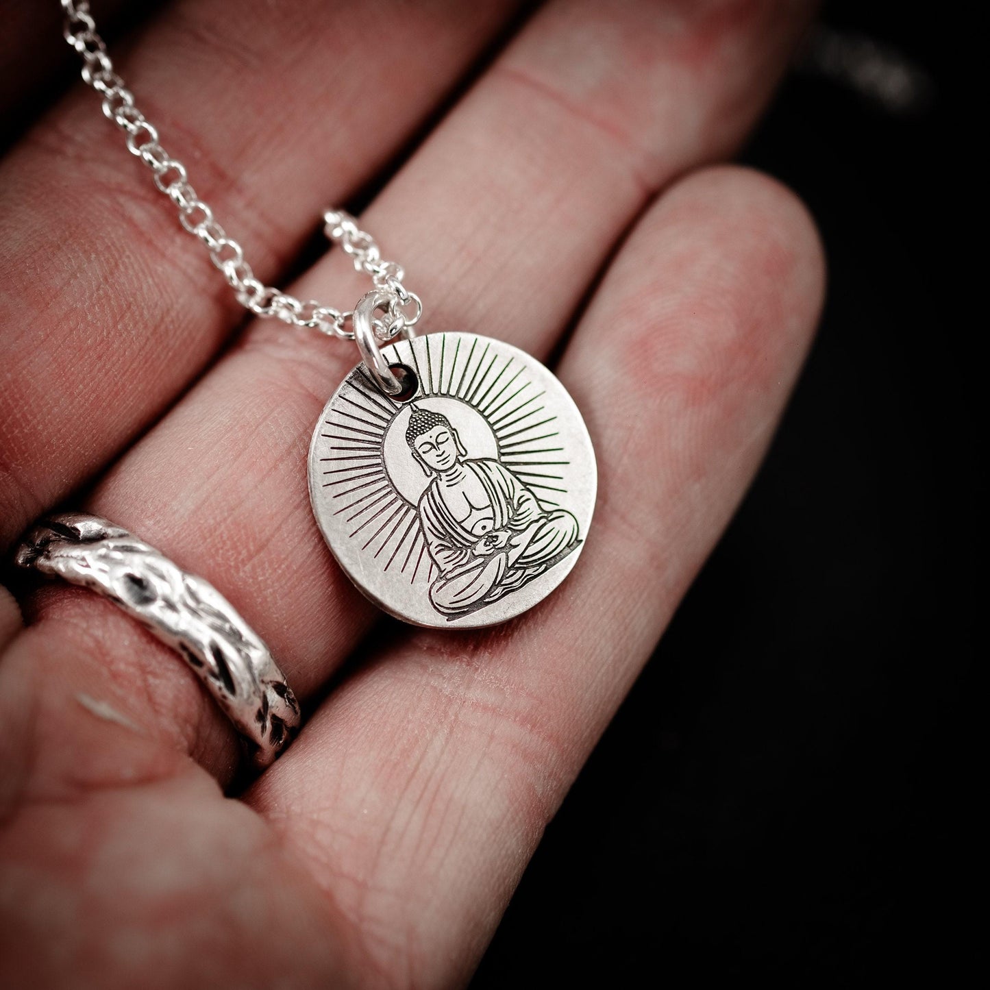 Silver Buddha Meditation Pendant Necklace, Handmade Buddhist Yoga Jewelry for Men, Spiritual Mindfulness Gift for Him