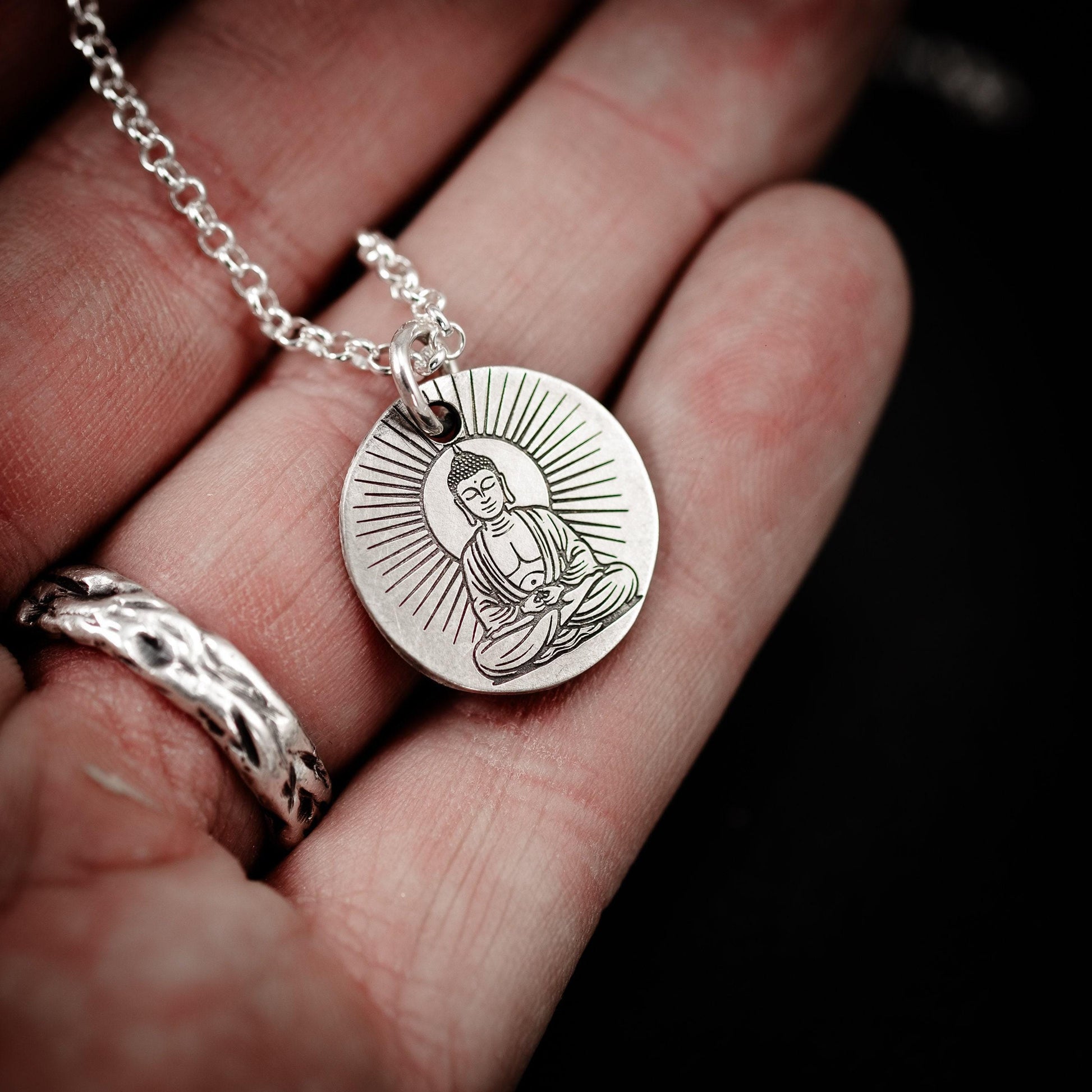 Silver Buddha Meditation Pendant Necklace, Handmade Buddhist Yoga Jewelry for Men, Spiritual Mindfulness Gift for Him