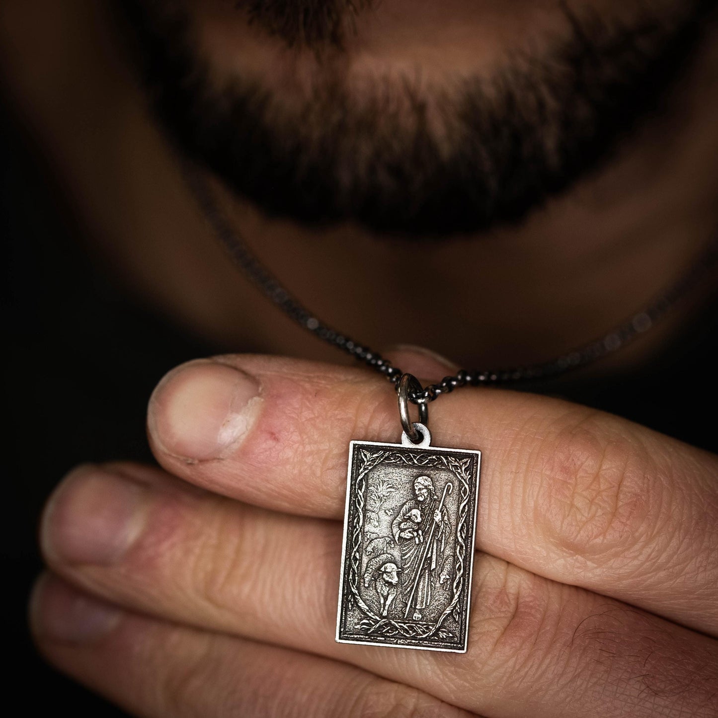 Handmade Oxidized Sterling Silver Jesus Shepard Necklace, Religious Pendant