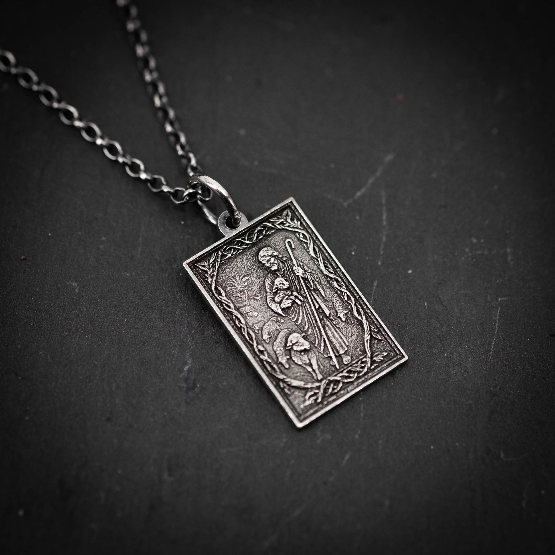 Handmade Oxidized Sterling Silver Jesus Shepard Necklace, Religious Pendant