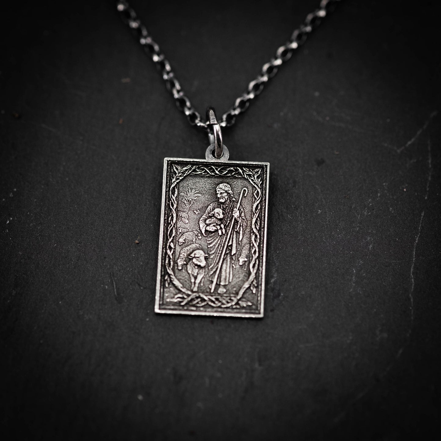 Handmade Oxidized Sterling Silver Jesus Shepard Necklace, Religious Pendant