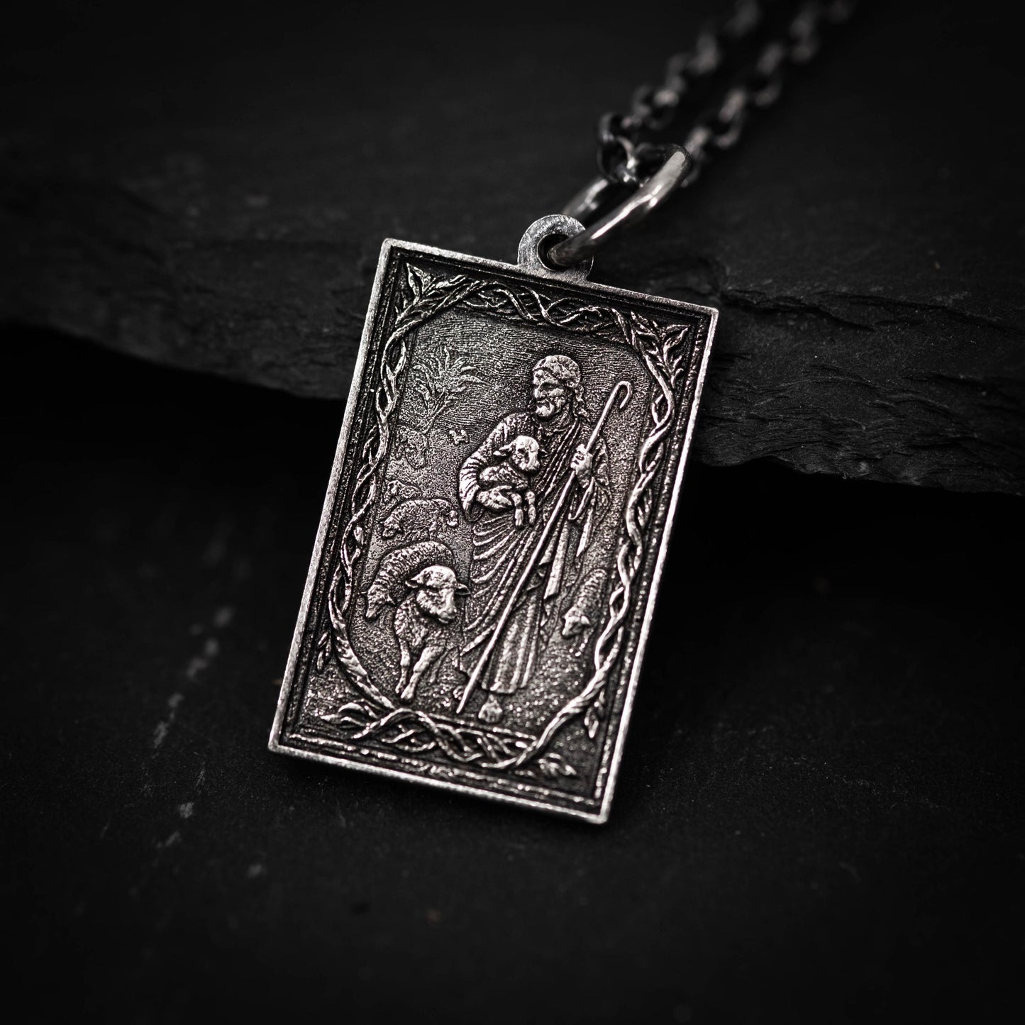 Handmade Oxidized Sterling Silver Jesus Shepard Necklace, Religious Pendant