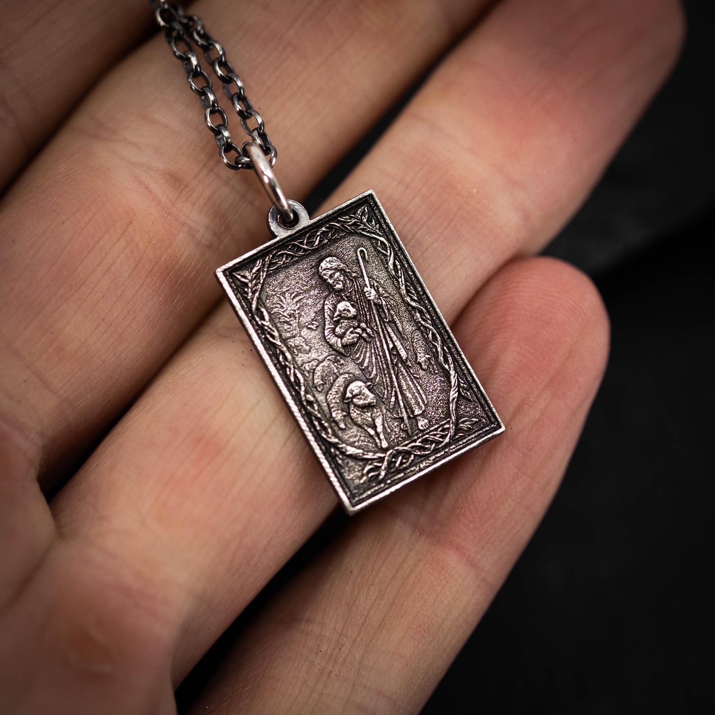 Handmade Oxidized Sterling Silver Jesus Shepard Necklace, Religious Pendant