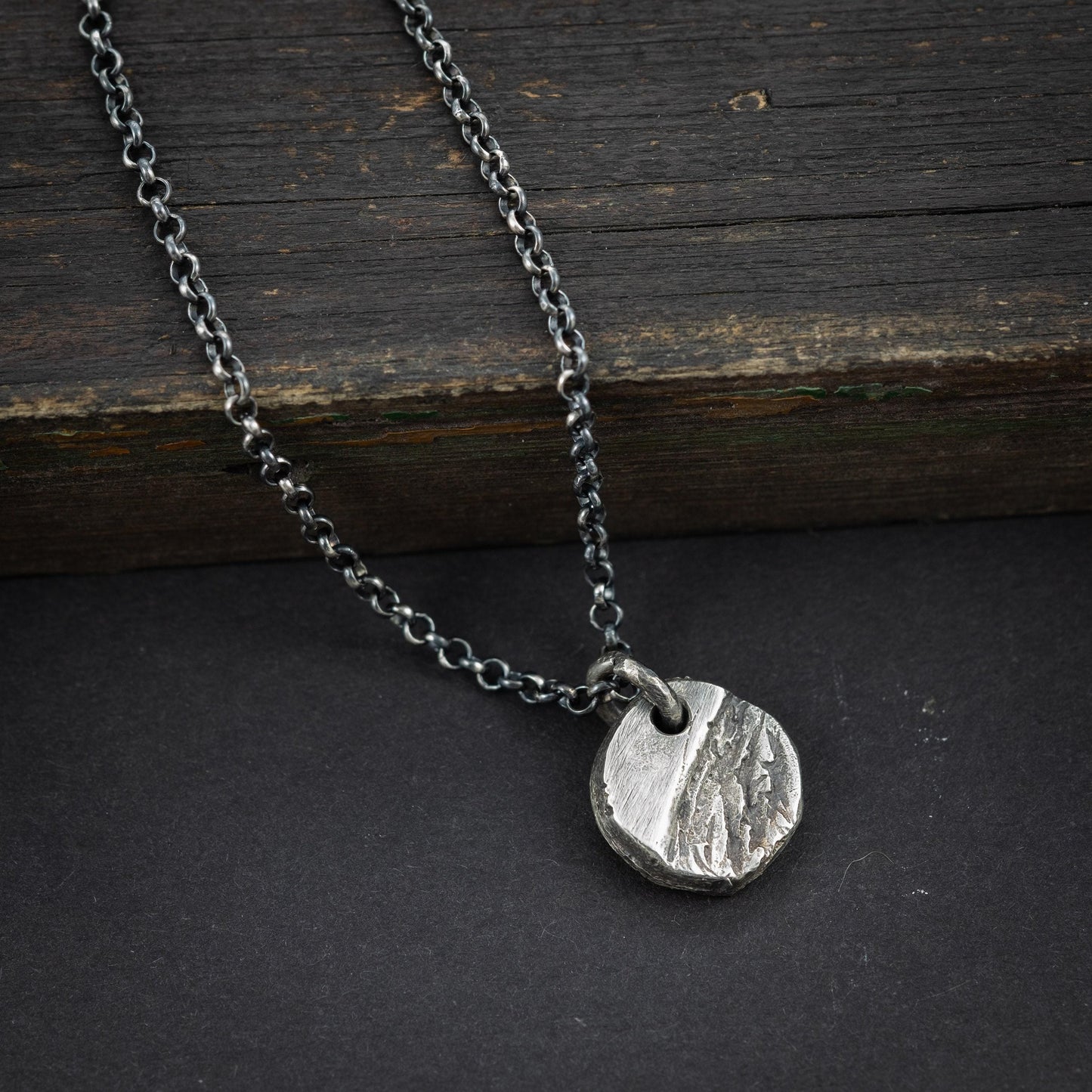 Mens Necklace Small Rustic Pendant for Men in Sterling Silver