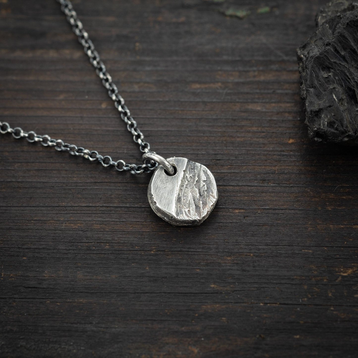 Mens Necklace Small Rustic Pendant for Men in Sterling Silver