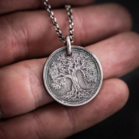 Silver Tree of Life pendant necklace, Unique mens jewelry, Personalized rustic coin necklace, men gift