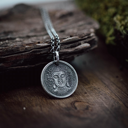Sterling Silver Buddha Coin Pendant Necklace, Spiritual Meditation Anxiety relief Jewelry
