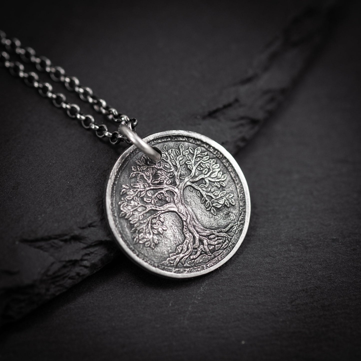 Silver Tree of Life pendant necklace, Unique mens jewelry, Personalized rustic coin necklace, men gift