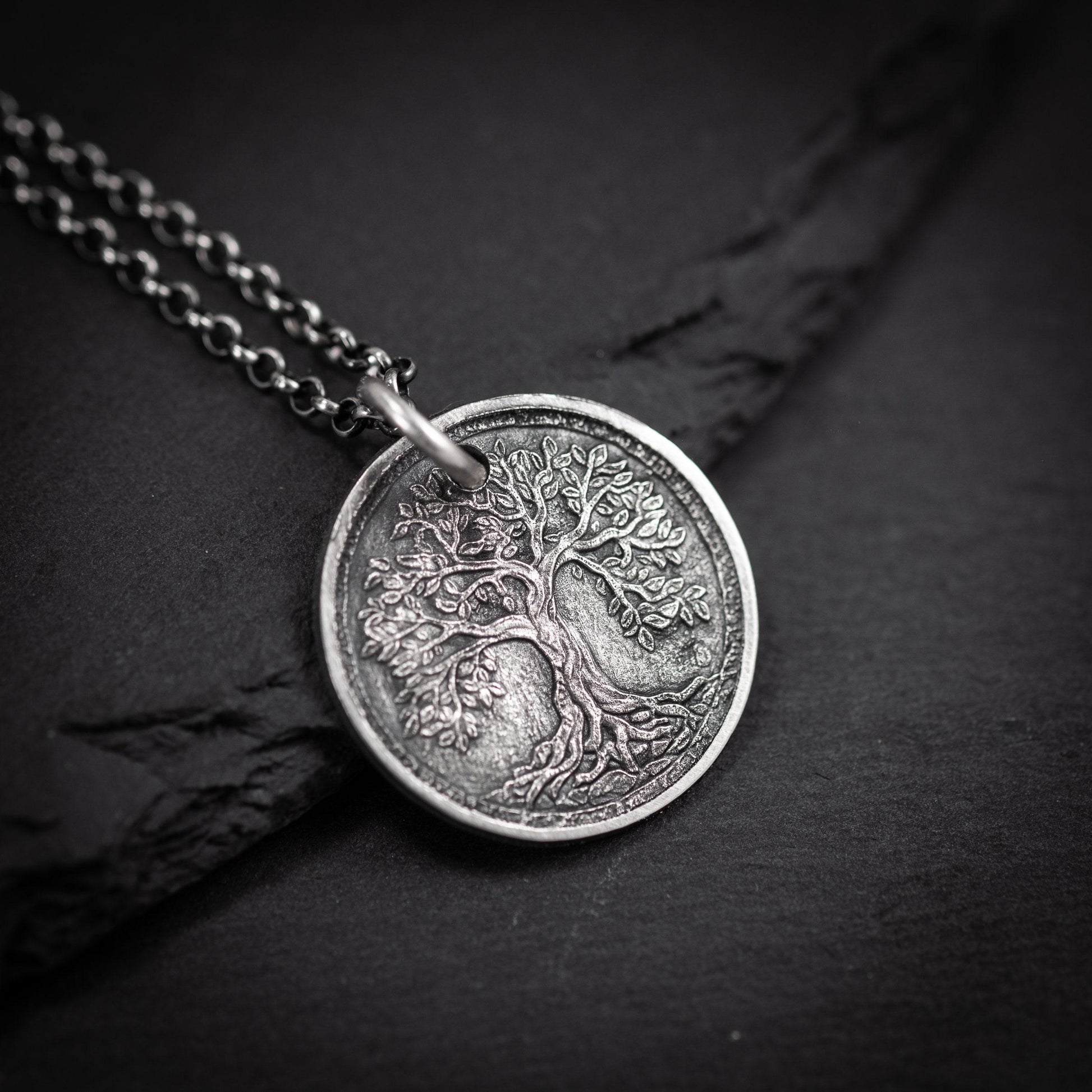 Silver Tree of Life pendant necklace, Unique mens jewelry, Personalized rustic coin necklace, men gift