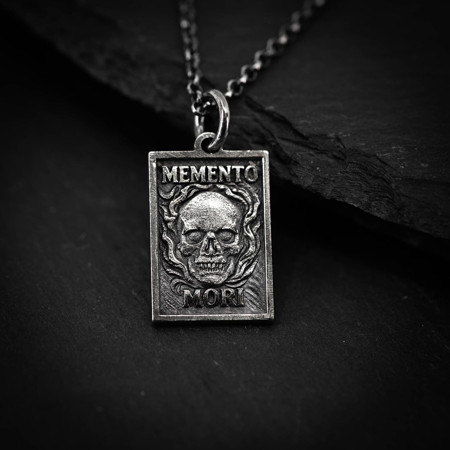 Memento Mori Mens Necklace, Silver Skull Pendant, Memento Vivere Jewelry, Amor Fati Charm, Stoic Chain, Coin Birthday Gift Him and Gift Her